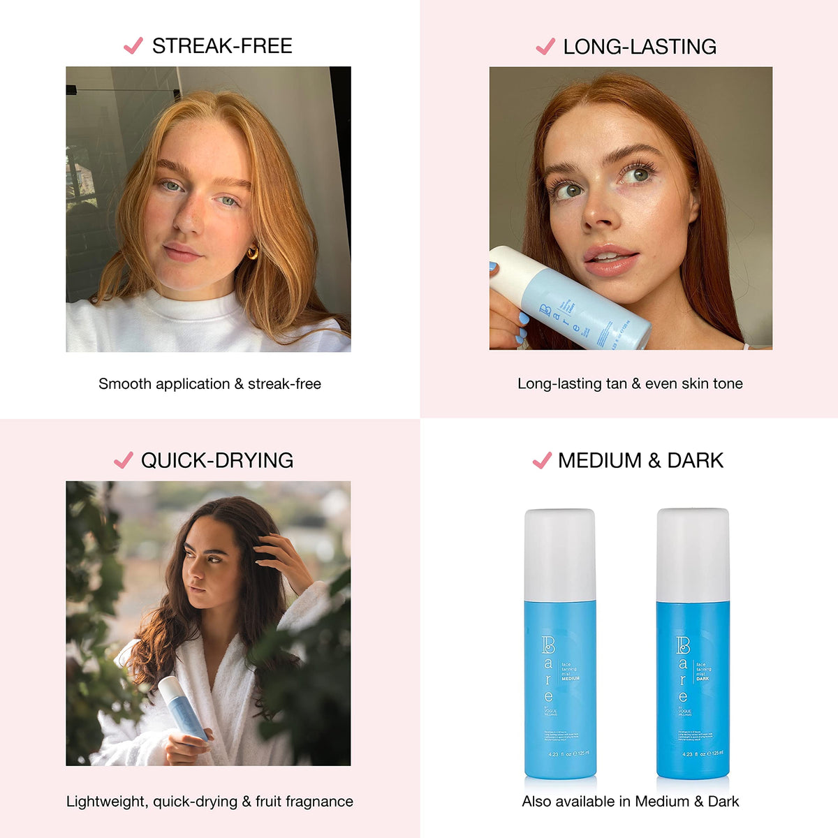 Bare by VogueFake Tan - Self Tan Face Mist, Spray Tan Solution - Light Tan for a Natural Glow on Face & Body - Easy Application Face Tan Mist