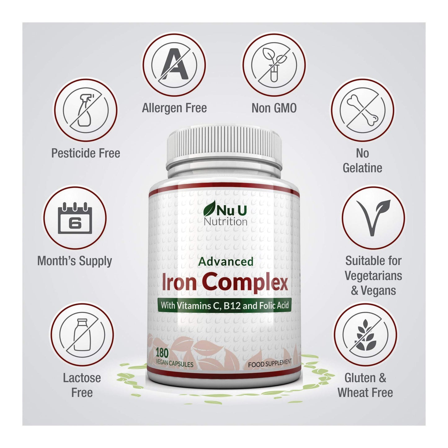 Iron Supplement, 180 Vegan Capsules with Vitamin C, B12 & Folic Acid, for Men and Women - Iron Capsules not Iron Tablets, 6 Month Supply - from Ferrous Fumarate - Made in The UK