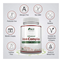 Iron Supplement, 180 Vegan Capsules with Vitamin C, B12 & Folic Acid, for Men and Women - Iron Capsules not Iron Tablets, 6 Month Supply - from Ferrous Fumarate - Made in The UK