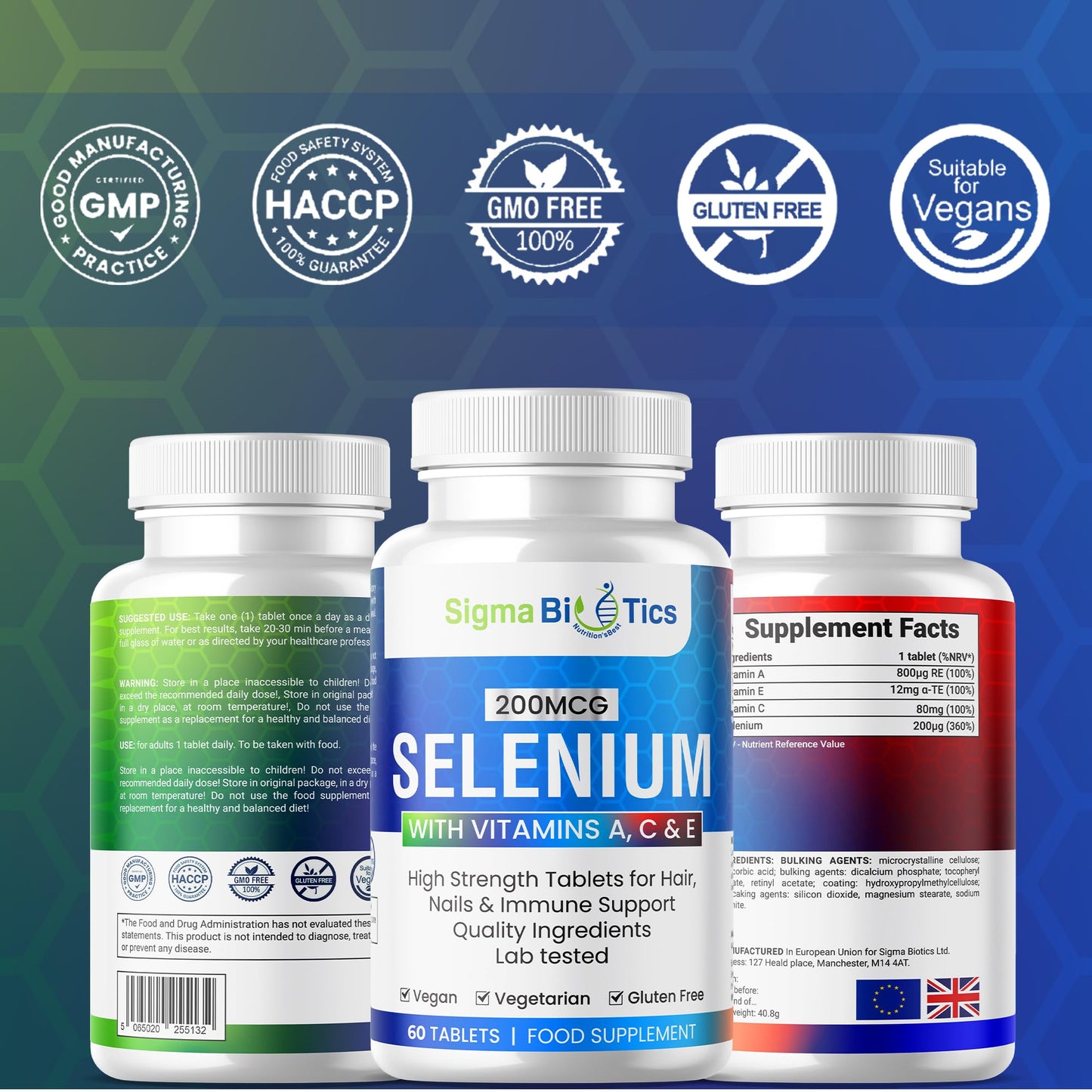 SigmaBiotics Selenium with Vitamins A, C & E - Promotes Healthy Hair, Skin & Nails - Supports The Immune System - Superior Absorption Formula - Vegan and Gluten Free - 60 Tablets