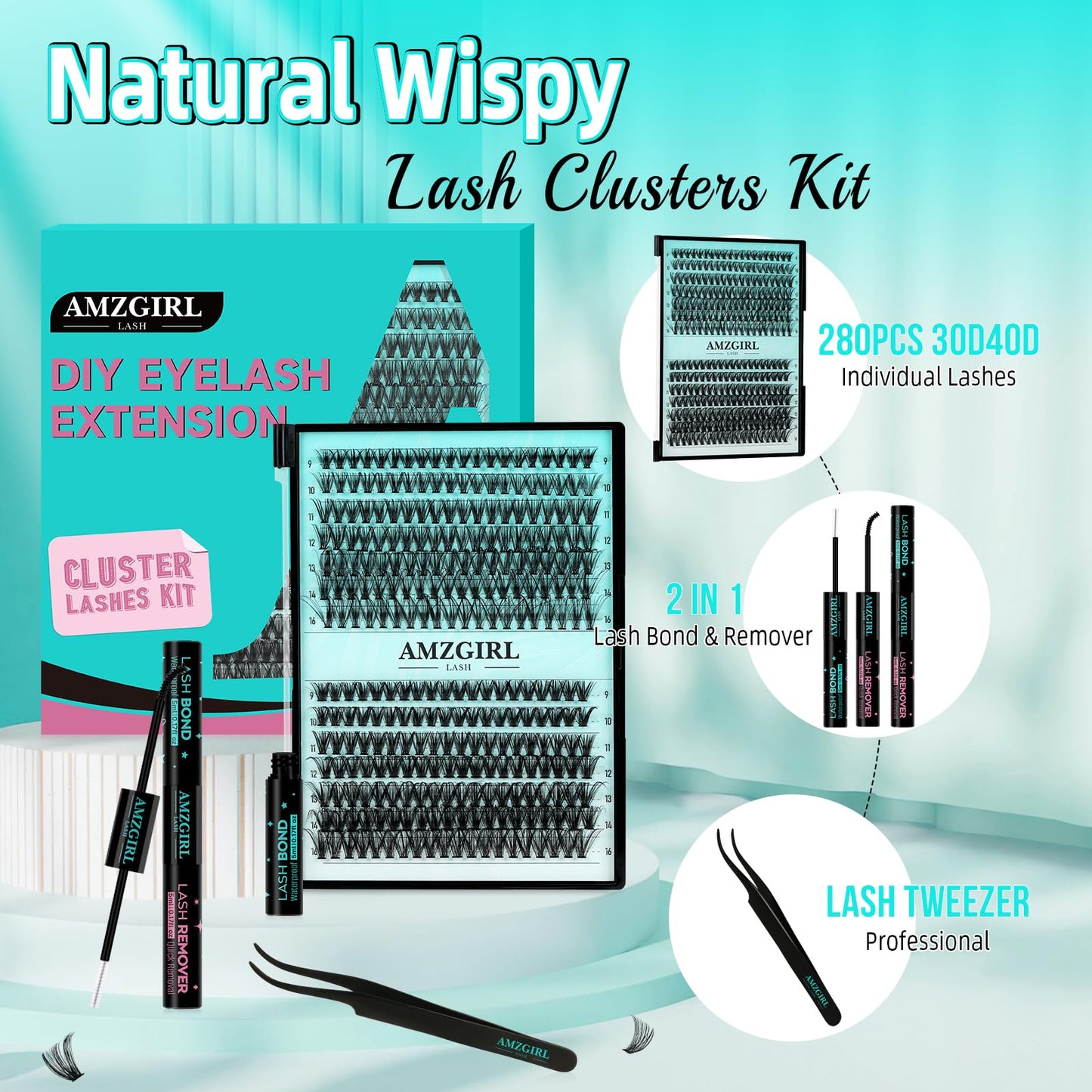 AMZGIRL LASH Lash Extension Kit 280PCS Eyelash Clusters 30D 40D DIY Eyelash Extension Kit Individual Lashes Natural Lash Clusters Kit with Lash Bond and Remover Waterproof, Lash Tweezers(D-Mix9-16mm Kit)