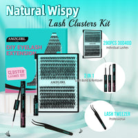 AMZGIRL LASH Lash Extension Kit 280PCS Eyelash Clusters 30D 40D DIY Eyelash Extension Kit Individual Lashes Natural Lash Clusters Kit with Lash Bond and Remover Waterproof, Lash Tweezers(D-Mix9-16mm Kit)