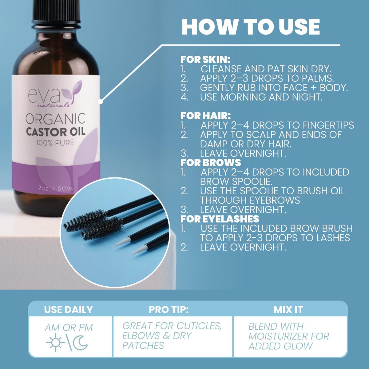 Eva Naturals Organic Castor Oil for Eyelashes, Eyebrows & Hair Growth - Cold Pressed Hexane Free - 100% Pure Oil for Skin Nails Lashes - Nourishes & Strengthens - Includes Mascara Kit & Brushes, 60ml