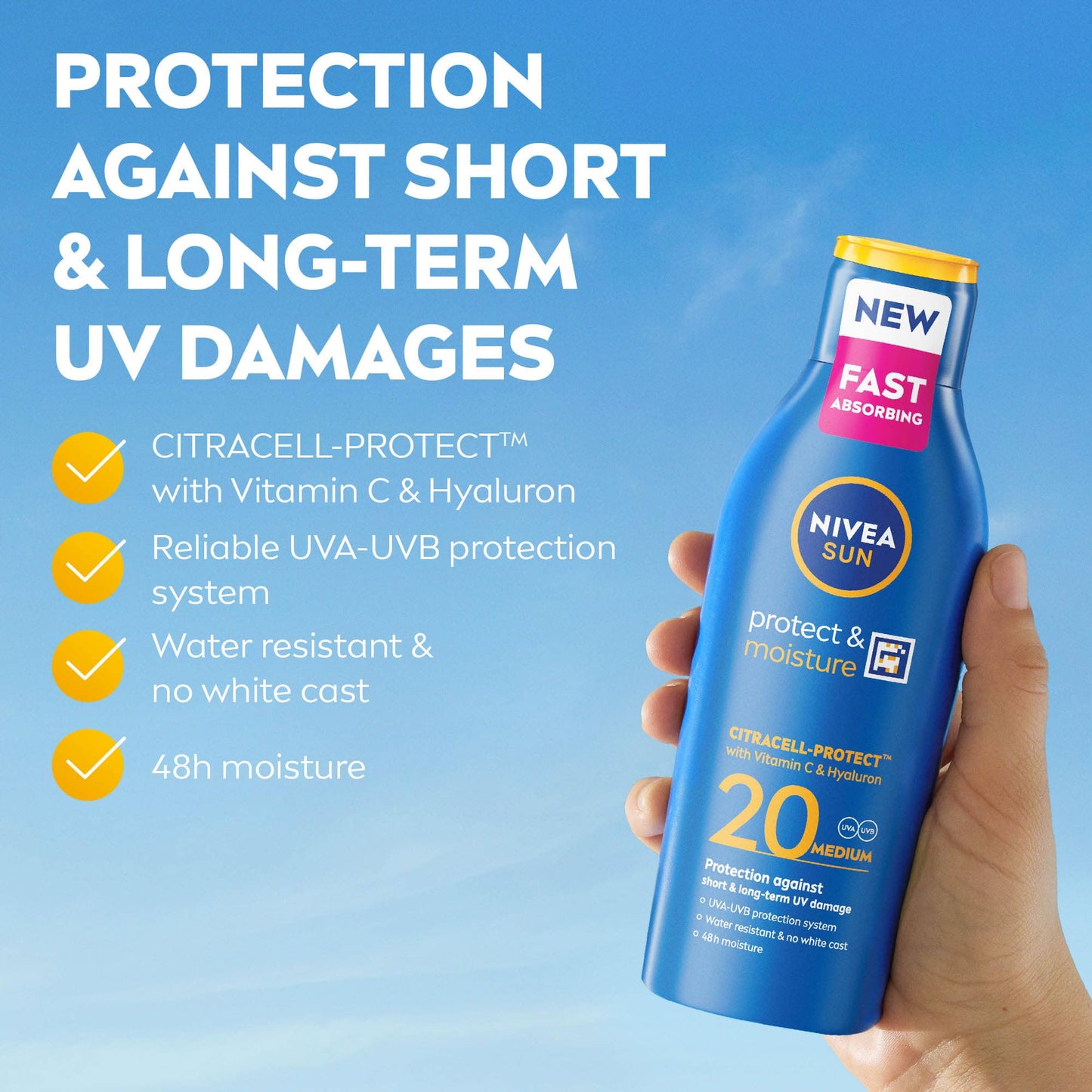 NIVEA SUN Protect & Moisture Sun Lotion SPF 20 (200 ml), Suncream with Vitamin C and Hyaluron, Provides 48 Hour Moisture and Immediate UVA/UVB Protection, Fast-Absorbing, No White Cast Formula