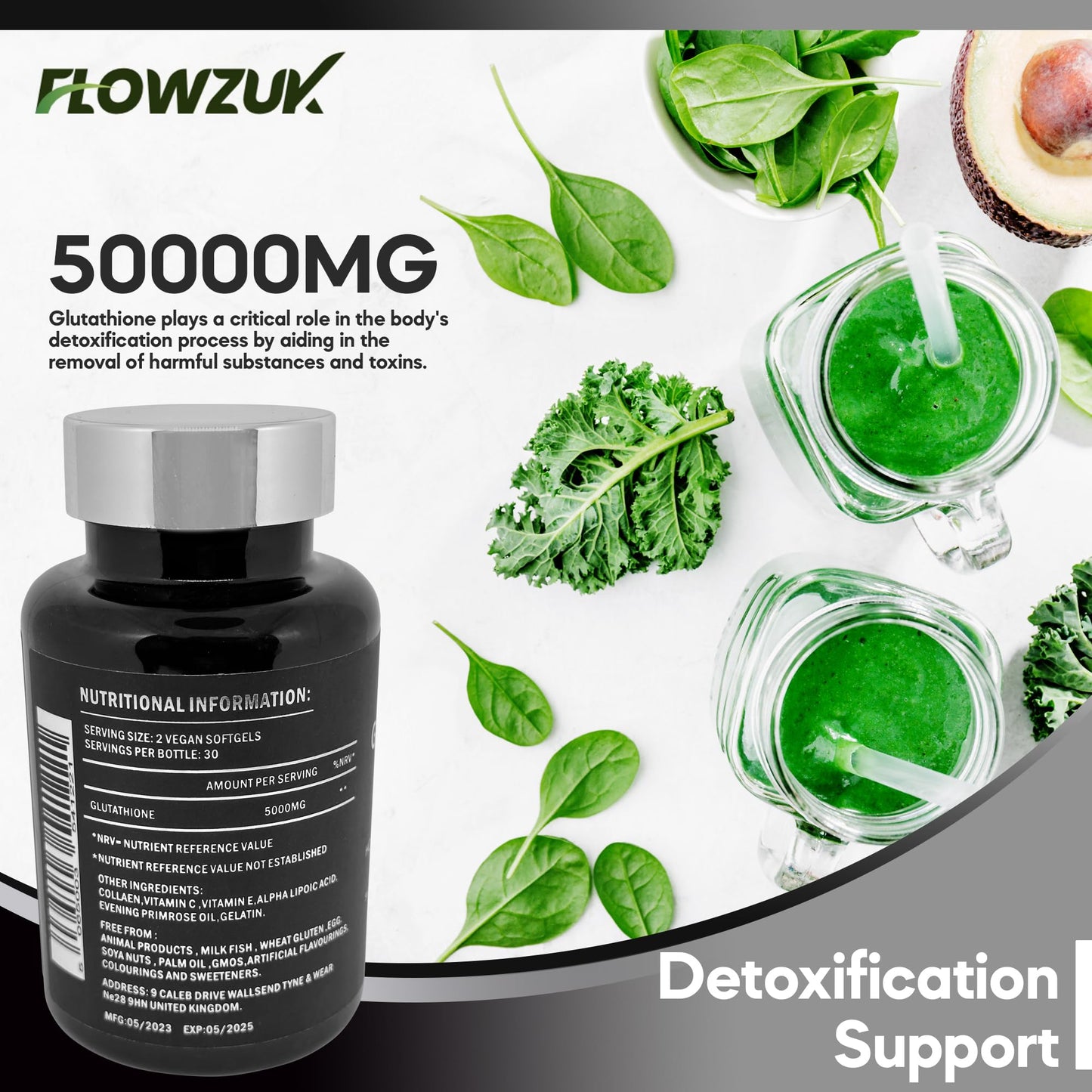 FLOWZUK Glutathione Supplements Ultra High Strength 60 Easy to Swallow softgels with Added Vitamin C and Collagen