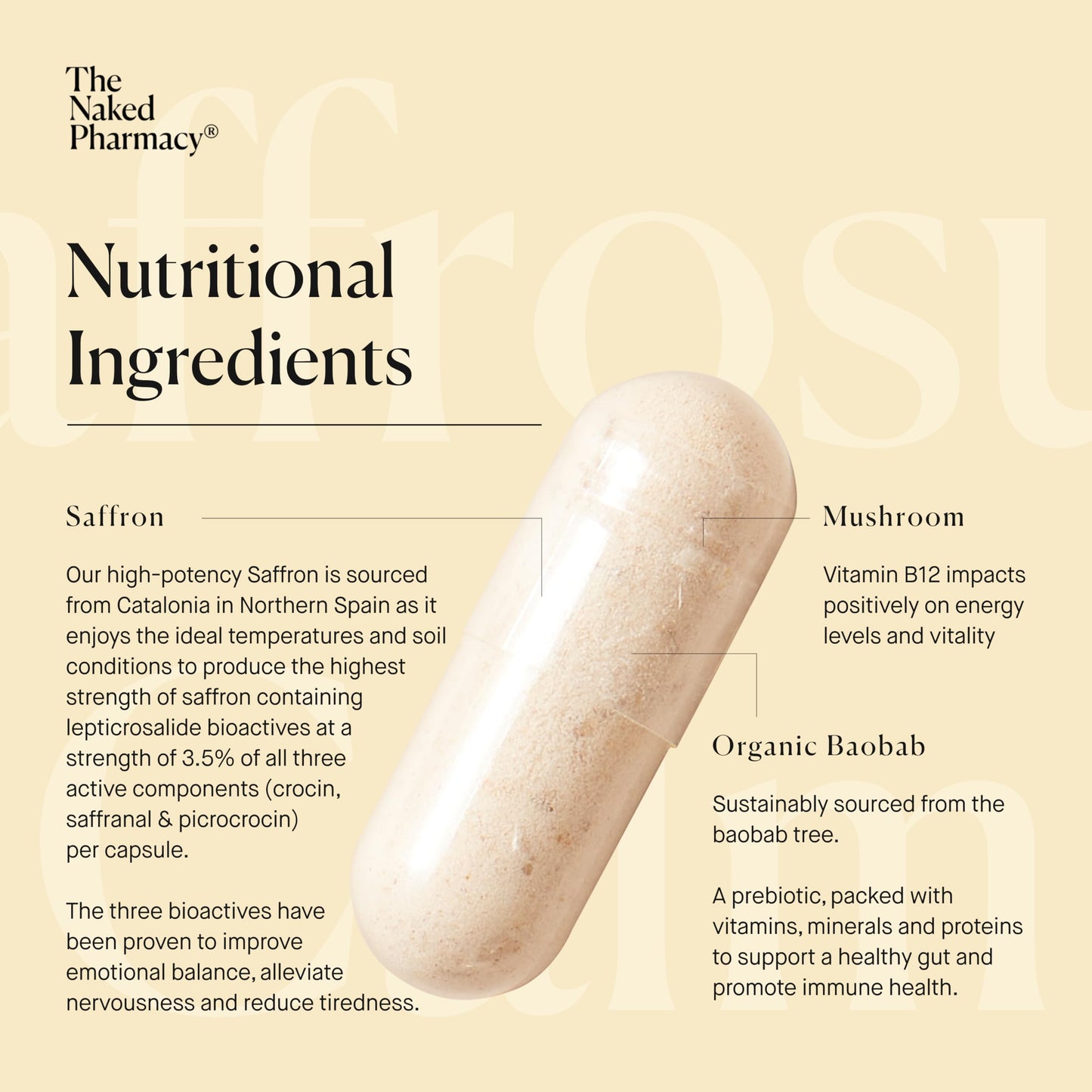 The Naked Pharmacy | Saffrosun Calm | Emotional Balance | Fatigue & Menopause | with Vitamin B12 | High Strength | Natural No Additives | Vegan | 60 Capsules