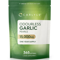 Odourless Garlic Capsules 15,000mg | 365 Count (1 Year Supply) | High Strength Garlic Oil Pearls with Allicin | By Carlyle