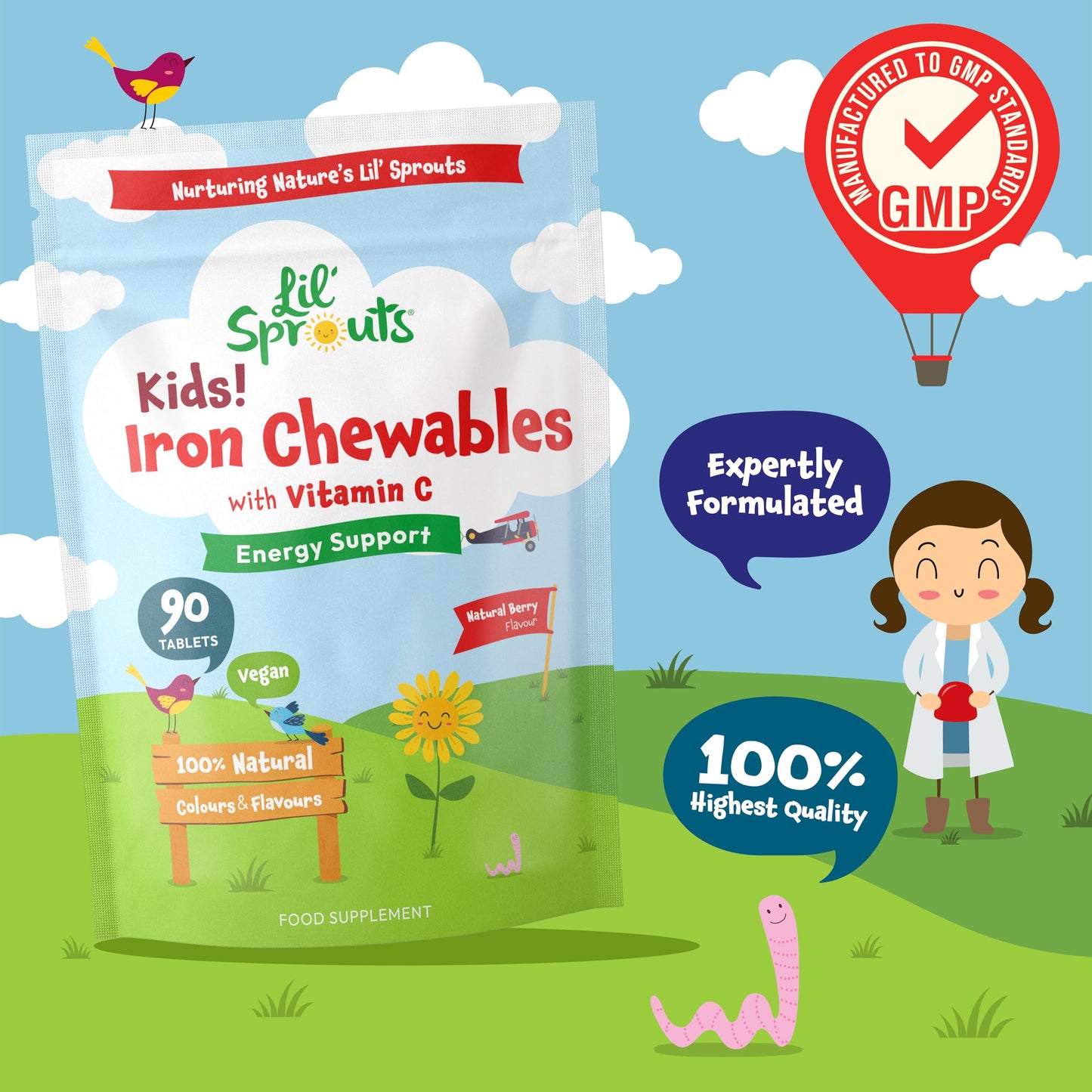 Iron Tablets for Kids with Vitamin C | 90 Chewable Tablets (3 Months Supply) | Natural Berry Flavour | Vegan Iron Supplement for Kids | by Lil' Sprouts