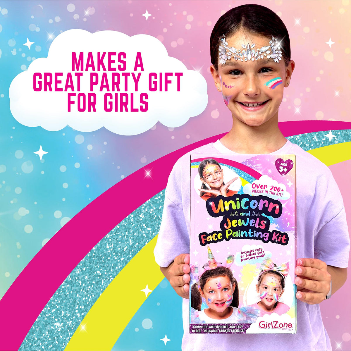 GirlZone Unicorn and Jewels Face Painting Kit, Amazing Face Paints for Children, Gems, Face Paint Brushes, and Face Paint Stencils in 1 Kids Face Paint Set to Create Childrens Face Paints