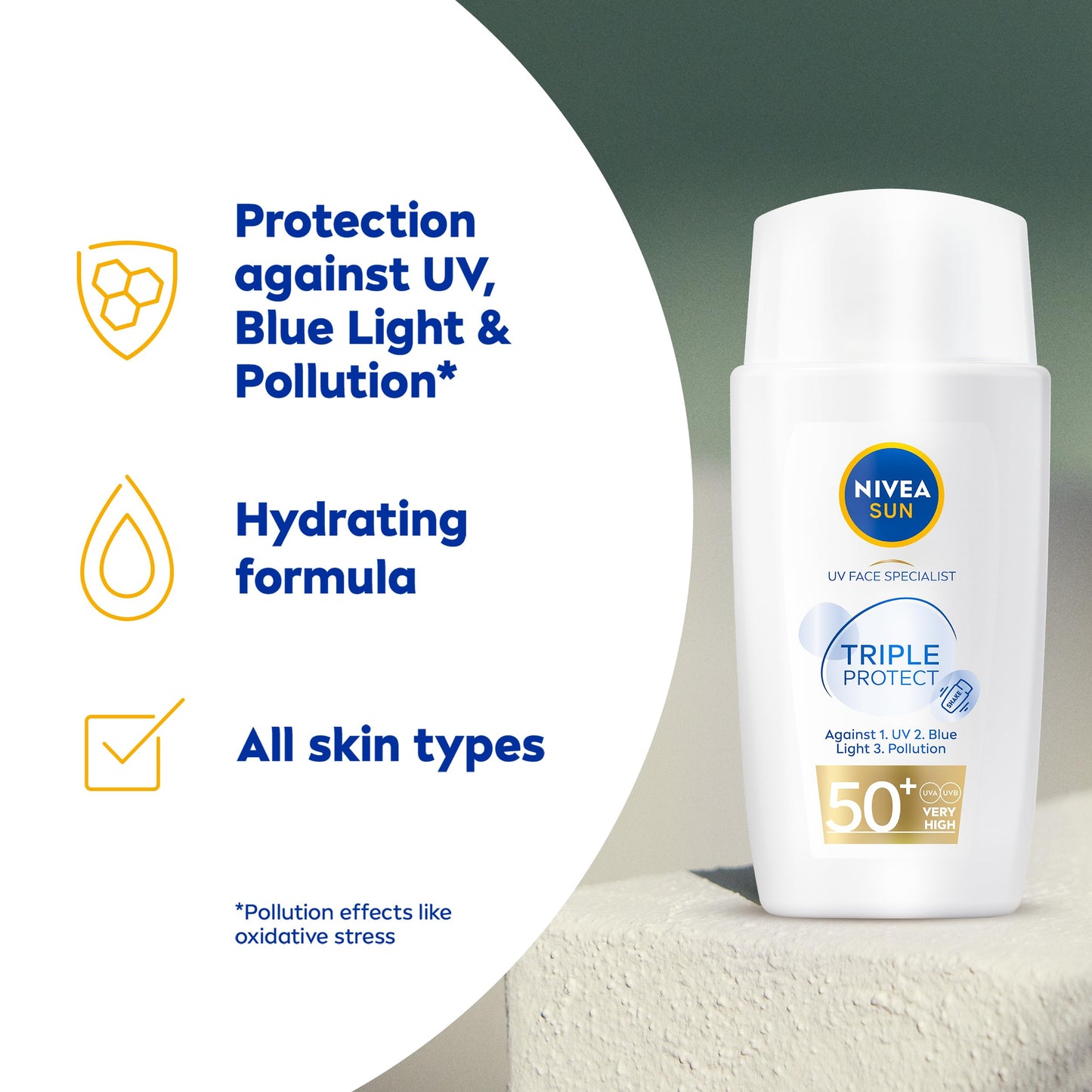Nivea Sun NIVEA SUN Triple Protect Light Sun Fluid SPF50+ (40ml), Face Sun Cream SPF50 with Hyaluron, Protects Against UV, Blue Light and Pollution, Daily Face Sunscreen