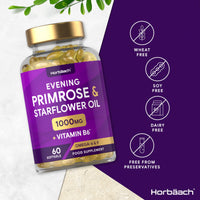 Evening Primrose and Starflower Oil Capsules 1000mg | with Vitamin B6 | 60 Softgels | Rich Source of Omega 6 GLA & 9 Oleic Fatty Acids | by Horbaach