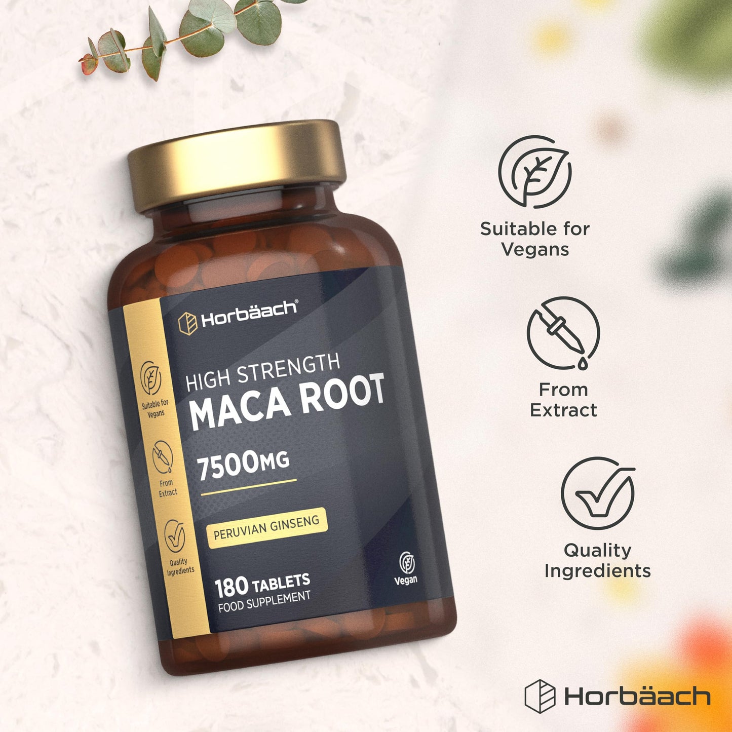 Horbäach Maca Root 7500mg | High Strength Maca Supplement for Men & Women | Peruvian Ginseng Extract | 180 Vegan Tablets | by Horbaach