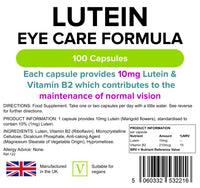 Lindens - Lutein 10mg, 100 Capsules - UK Made - Marigold Extract with Vitamin B2 - Vision & Eye Health, Standardised Potent Extract - Letterbox Friendly - Vegan