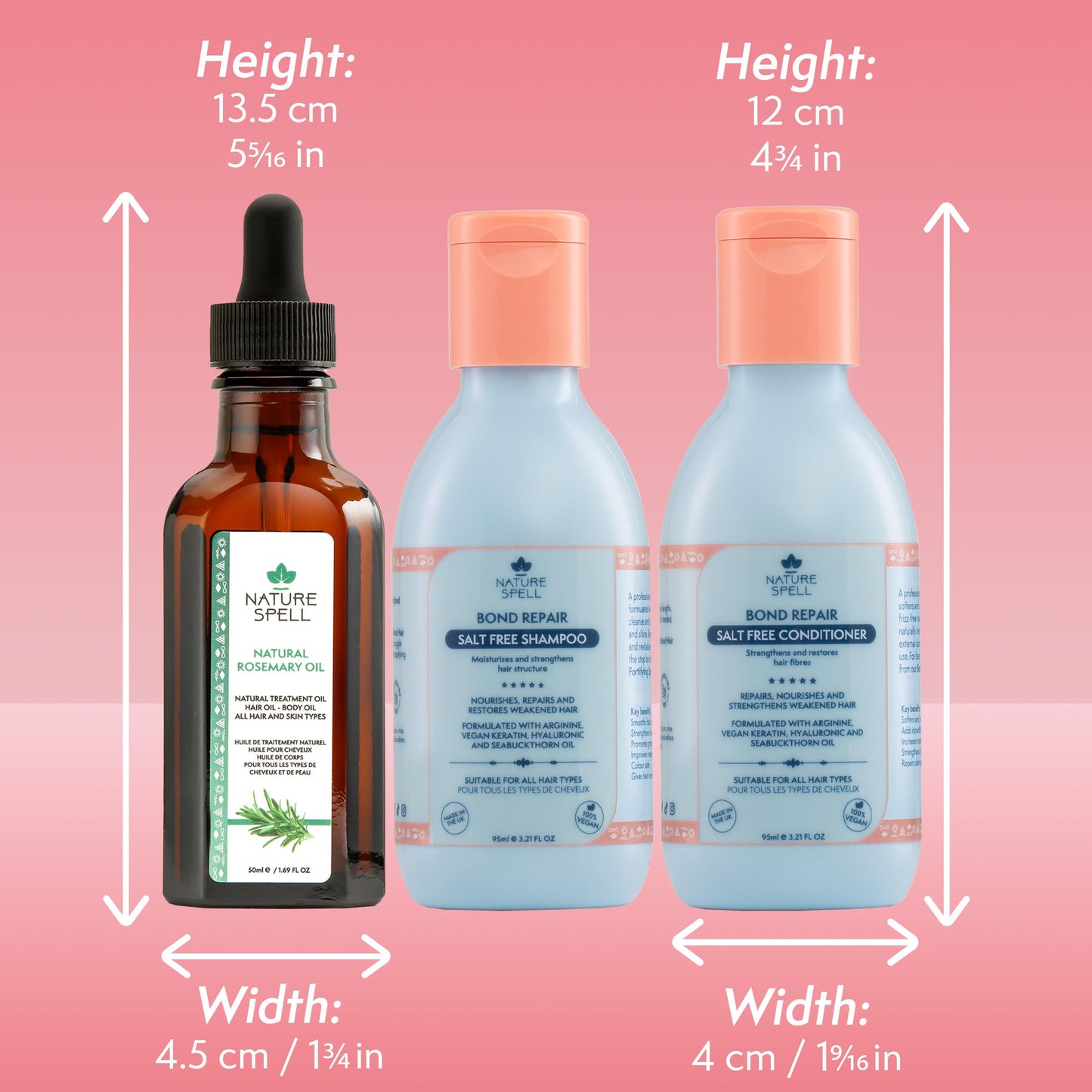 Nature Spell Bond Repair Travel Set, Includes Rosemary Oil, Shampoo & Conditioner, Protecting & Repairing, Vegan, Set of 3