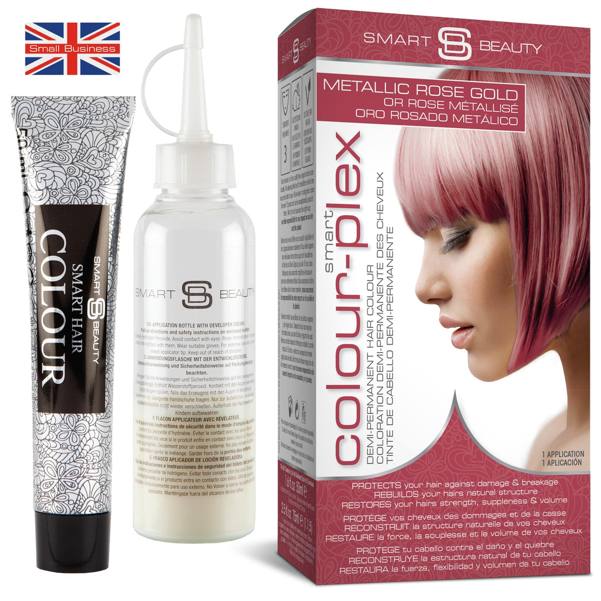 Metallic Rose Gold Hair Dye Demi-Permanent, Toner for Bleached Hair, Anti-Breakage Plex Hair Care, Vegan Hair Dye, Cruelty-Free, Grey Coverage, Rose Hair Colour, by Smart Beauty (pack of 3)