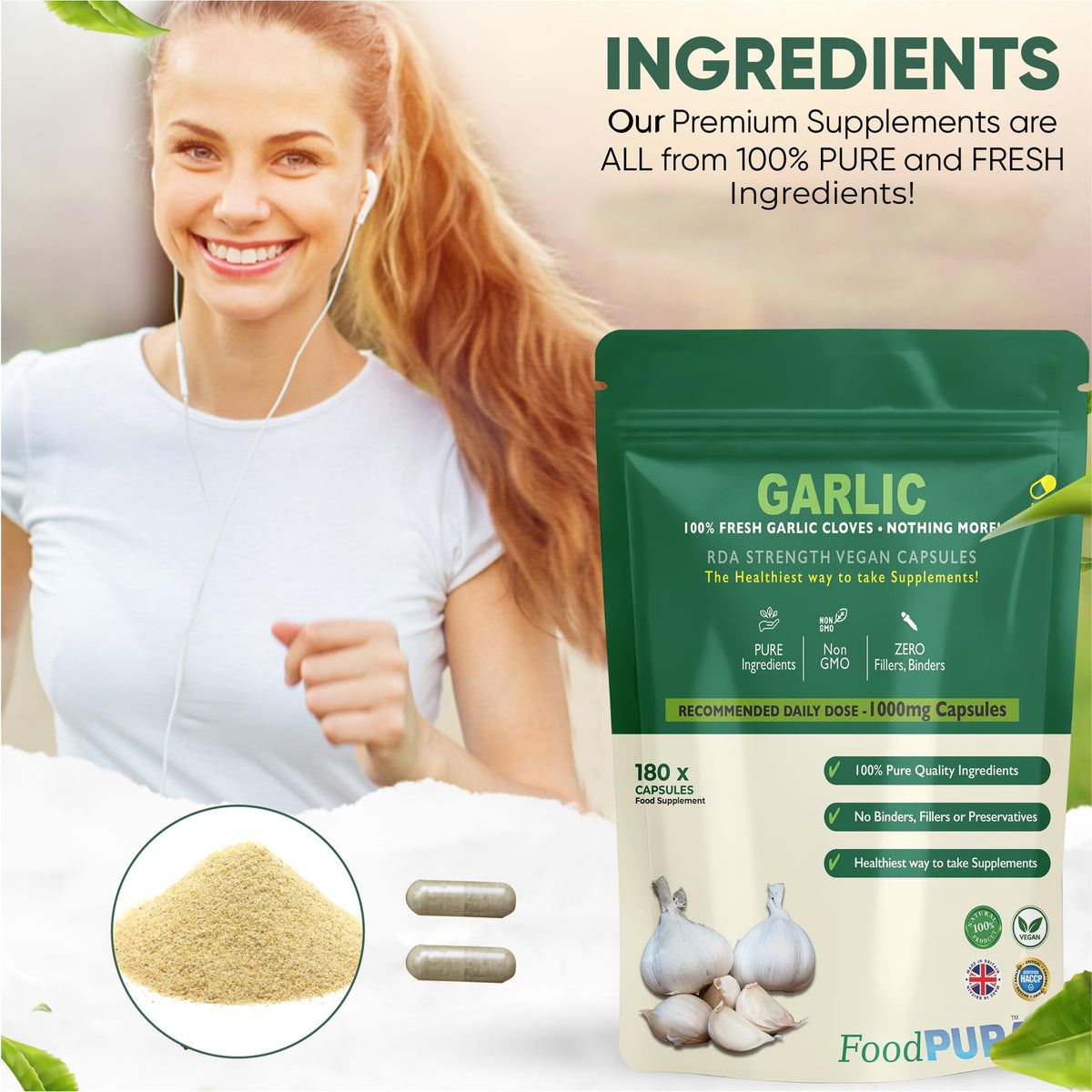 FoodPURA 180 X Pure Garlic Capsules Recommended Daily Strength 1000mg - Capsules are The SAFEST Way to take Any Supplement! HACCP Certified, Manufactured in The UK.