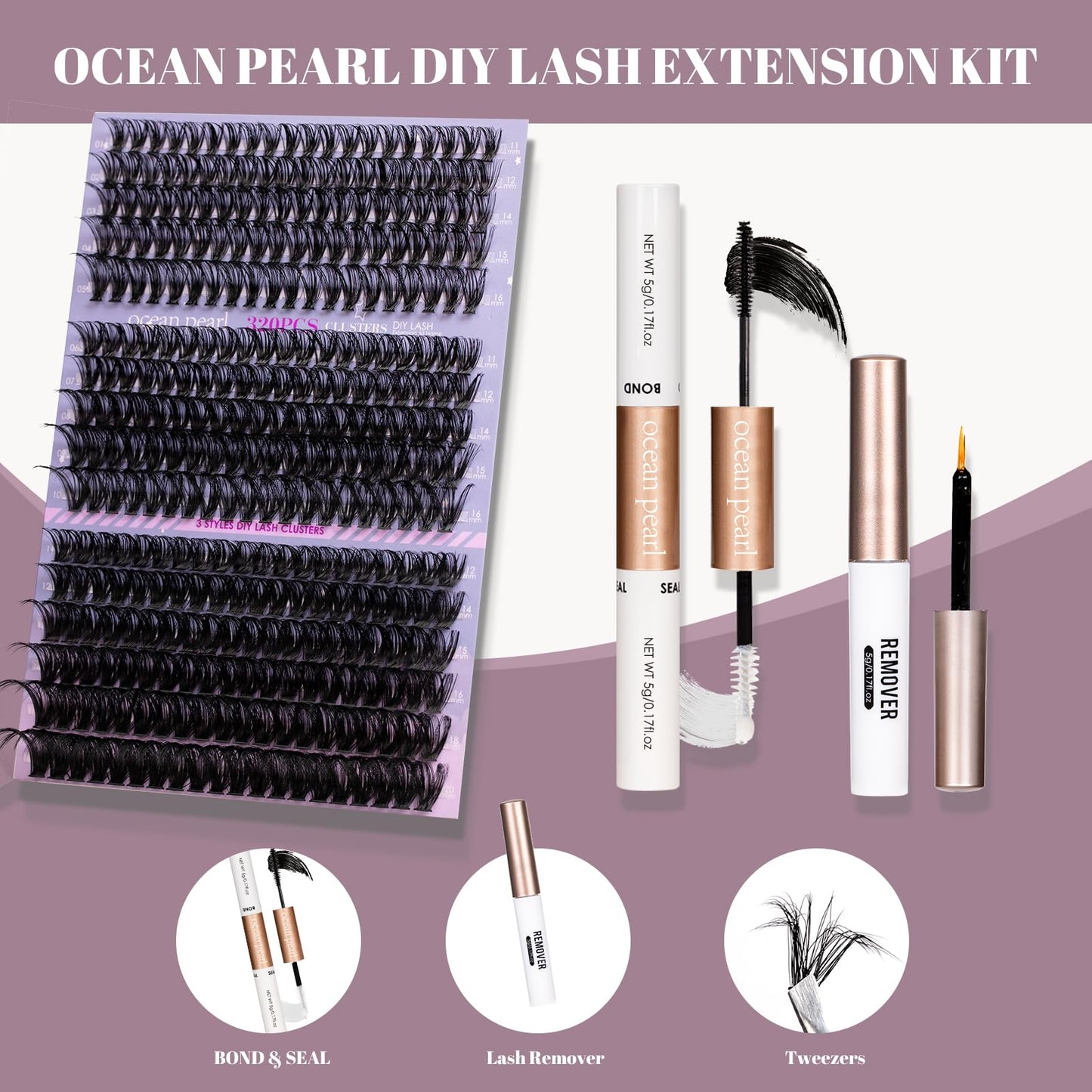 ocean pearl Ocean Pearl Cluster Lashes Kit 320PCS Individual Eyelashes 40D+50D+100D Eyelash Extension Kit 11-20mm False Eyelashes DIY Lash Extension Natural Lash Clusters with Super Bond&Seal&Remover&Tweezer-100D
