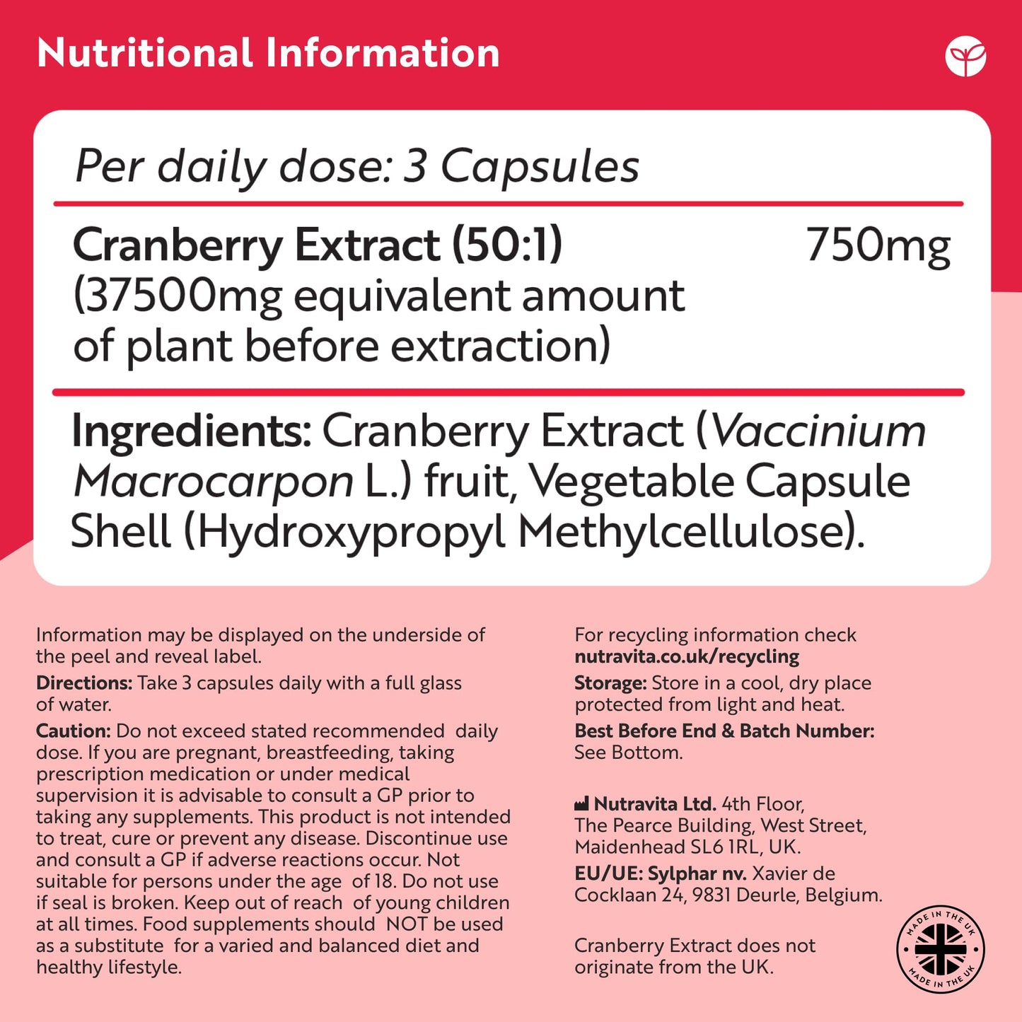 Nutravita Max Strength Cranberry 37,500mg - 180 Vegan Capsules – Daily Supplement for Women – 50:1 Pure Cranberry Extract Supplement – Made in The UK