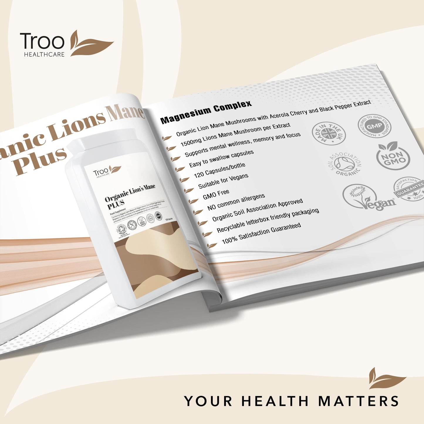 Troo Health Care Organic Lion's Mane Mushroom Complex 120 Capsules - 1500mg Lions Mane 30% Polysaccharides with Acerola Cherry Vitamin C & Black Pepper Extract Supplement - Made in United Kingdom