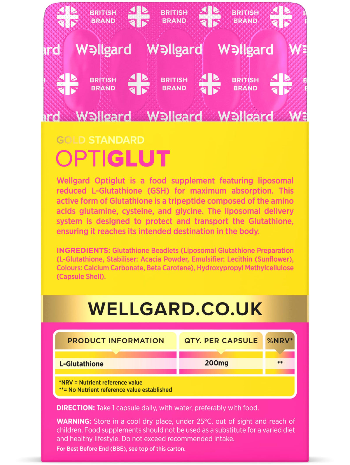 Liposomal Glutathione 200mg, Wellgard Optiglut - High Absorption Reduced L-Glutathione (GSH) - One-a-Day Vegan Capsules, 30 Capsules