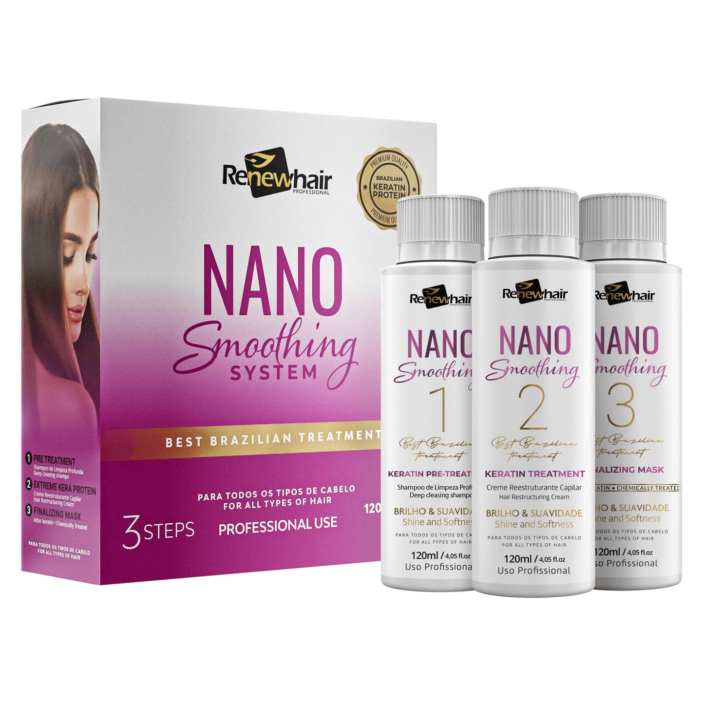 RENEW HAIR PROFESSIONAL NANO Smoothing System Hair Straightening Brazilian Treatment Hair Straightening ,Smooths, Strengthens, Softens Formaldhendy Free Keratin Smooth Renew , Vegan 3x 120ml