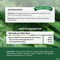 Ashwagandha KSM-66 600mg | High Strength Supplement with 5% Withanolides | 60 Vegan Capsules for Men & Women | by Nature's Truth
