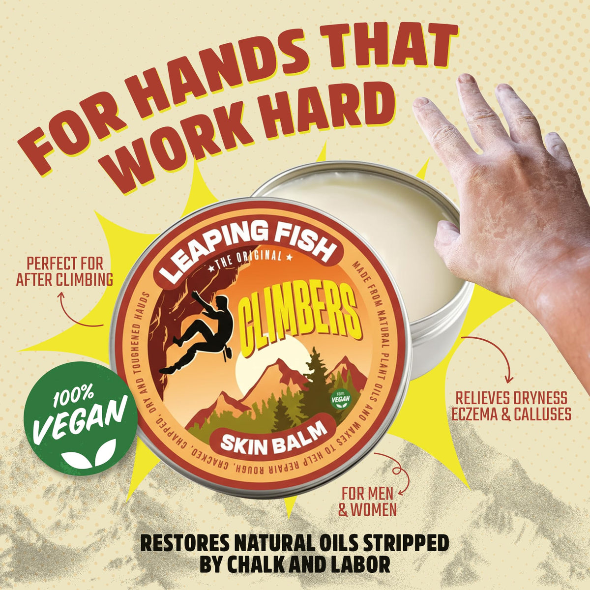LEAPING FISH Climber's Skin Balm - Natural Vegan - Essential Oil Recovery Salve - Hand Moisturiser for Cracked Skin - Eco-Friendly Non-Greasy Formula - Unscented 60g Tin