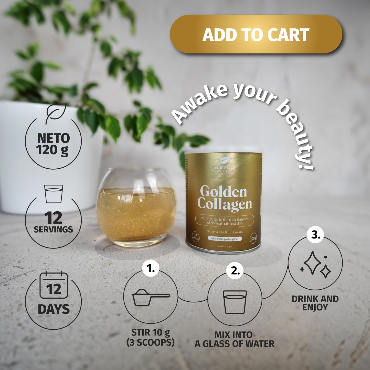 Nature's Finest by Nutrisslim Nature’s Finest by Nutrisslim Golden Collagen 120 g - Collagen Supplements for Women with Gold Glitter - High Strength Hydrolyzed Bovine Collagen Powder Type 2 with Biotin, Vitamin C and Curcuma