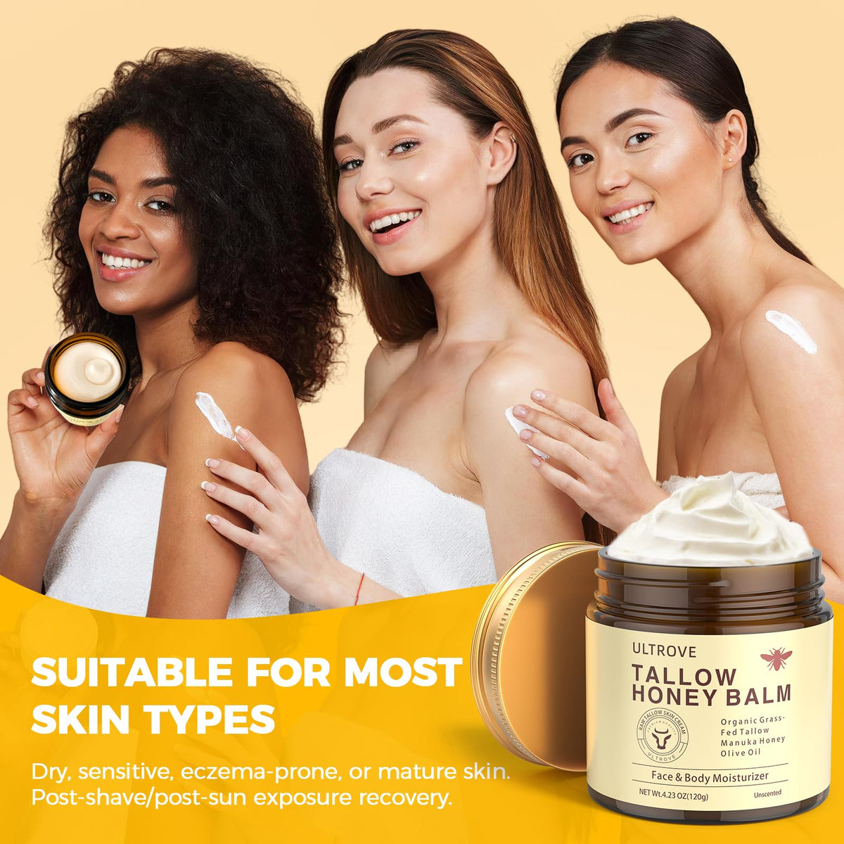 Ultrove ULTROVE Beef Tallow and Honey Balm for Skin, Natural Face + Body Moisturizer with Organic Grass-Fed Beef Tallow & Raw Wild Honey for Dry & Sensitive Skin, 4.23oz