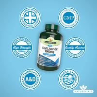 Natures Aid Cod Liver Oil 1000mg Softgels – High Strength Omega-3 Fish Oil with Vitamins A & D – Supports Immune System, Heart Health, Brain, Vision, Joints – Non-GMO – 180 Capsules