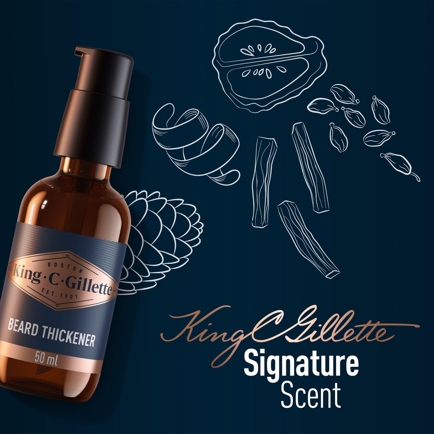 King C. Gillette Men's Beard Thickener, Fuller & Thicker Beard In 14 Days, Infused With King C. Signature Scent, With Notes Of Sandalwood, Cedar, Bergamot, Cardamon Seeds And Mandarin 50ml