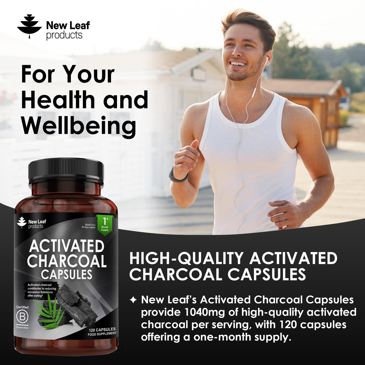 NEW LEAF PRODUCTS Activated Charcoal Capsules - 120 High Strength Activated Charcoal Tablets Alternative - 1040mg Per Serving, Helps Reduce Excessive Flatulence After Eating - Made in UK By New Leaf