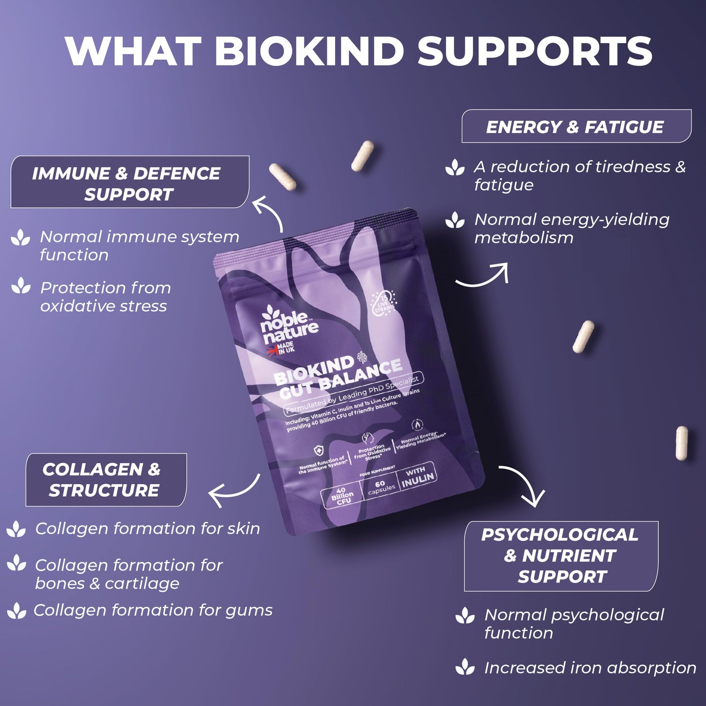 NobleNature Noble Nature Biokind Gut Balance – 40 Billion CFU Friendly Bacteria - Bio Cultures Complex - 15 Strains - Lactobacillus & Bifidobacterium for Gut, Immune & Digestive Health with Inulin & Vitamin C