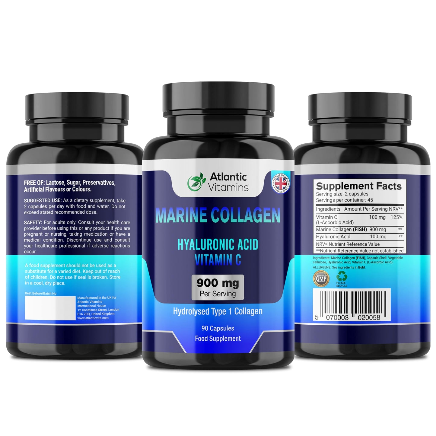 Atlantic Vitamins Marine Collagen 900 mg - High Strength 90 Capsules Collagen with Hyaluronic Acid and Vitamin C for Skin, Joints and Hair - Type 1 Hydrolysed Collagen Supplements for Women & Men - UK Made