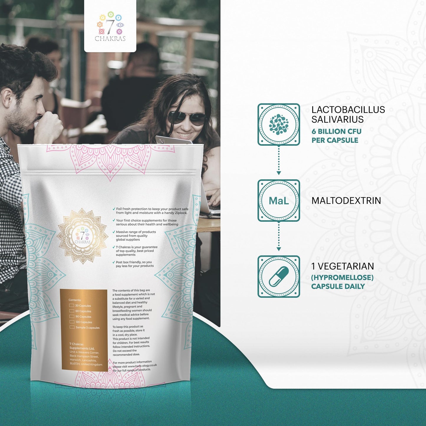 7 Chakras 7C lactobacillus Salivarius | 120 High Strength L Salivarius Capsules - 6B CFU L Salivarius Probiotic per Serving | Lactobacillus Salivarius Probiotic | Non-GMO Gluten & Allergen Free | Made in the UK