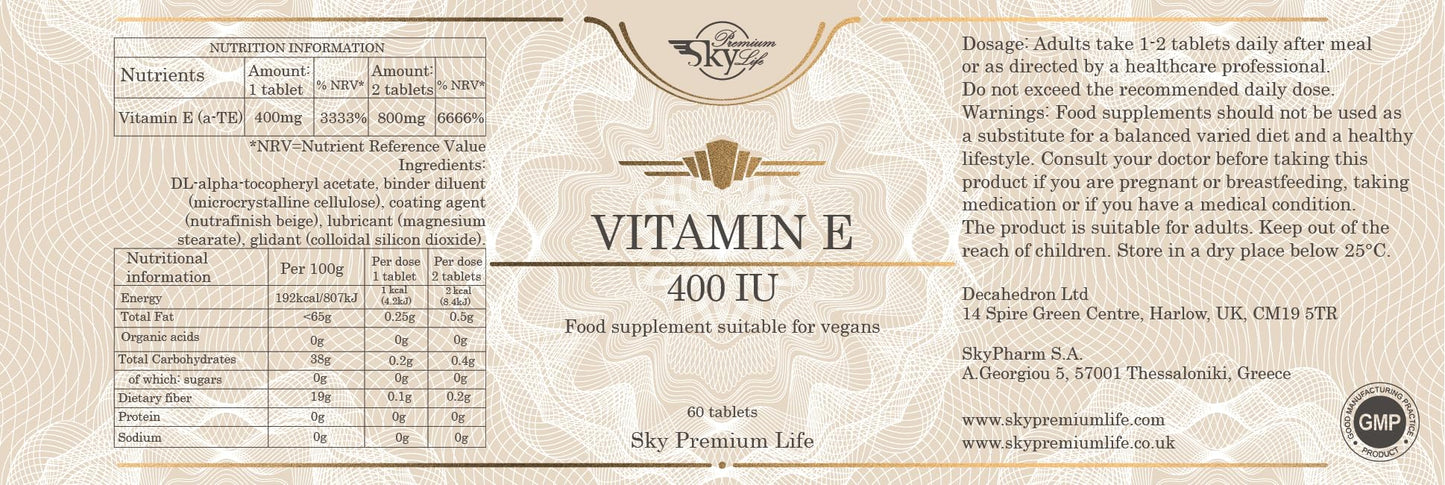 Sky Premium Life Vitamin E - 60 Vitamin E Tablets 400IU for The Protection of Cells from Oxidative Stress - Vitamin E Supplement, 2 Month Supply