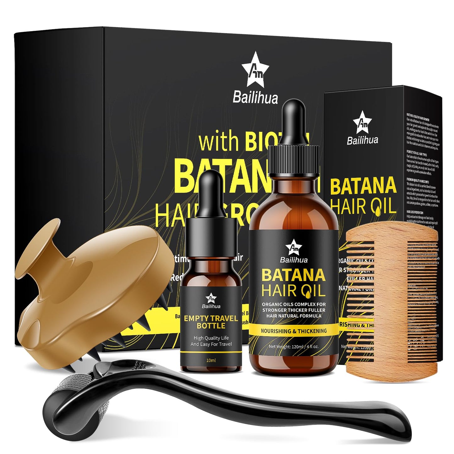 AN BAILIHUA Beard Growth Kit Batana Oil for Hair Growth Kit with Biotin Derma Roller Scalp Massager Comb Empty Travel Bottle Hair Beard Growth Thickening Product Hair Loss Treatment for Men Women 120ml