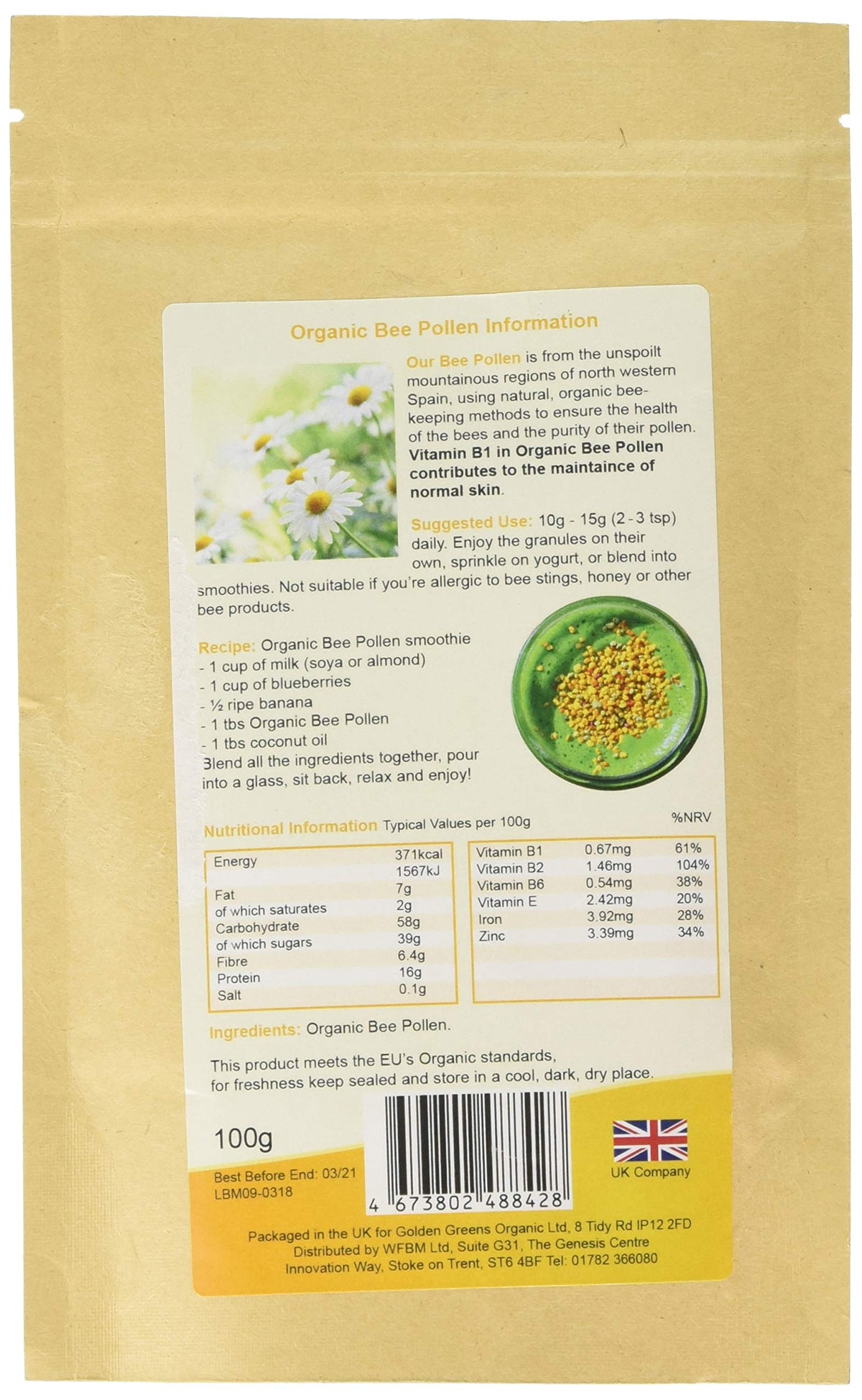 Golden Greens GOLDEN GREENS ORGANIC Organic Bee Pollen 100g (PACK OF 1)