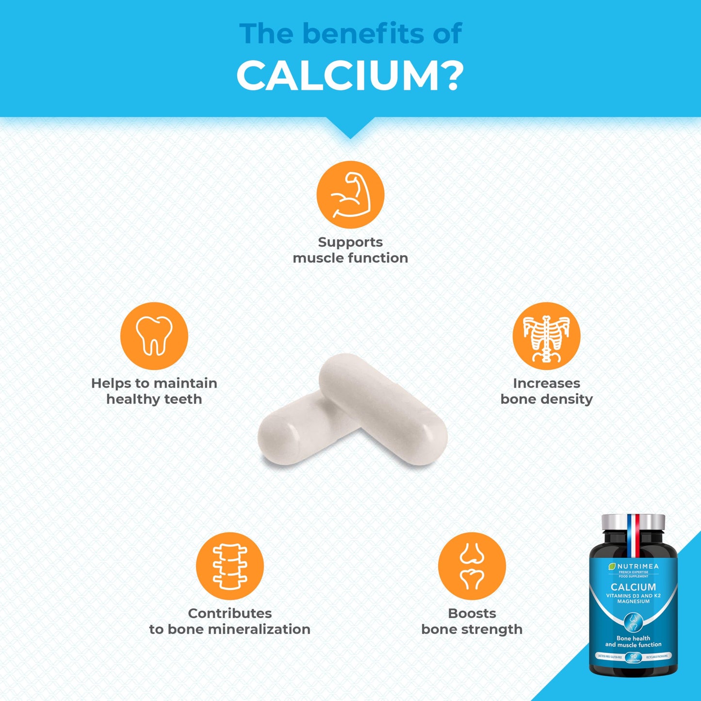 Laboratoires Nutrimea Calcium Supplement - Magnesium, Vitamin D3 and K2 Formula - 90 Vegetarian Capsules - Easy to Swallow - Daily Mineral Formula - French Expertise - Nutrimea