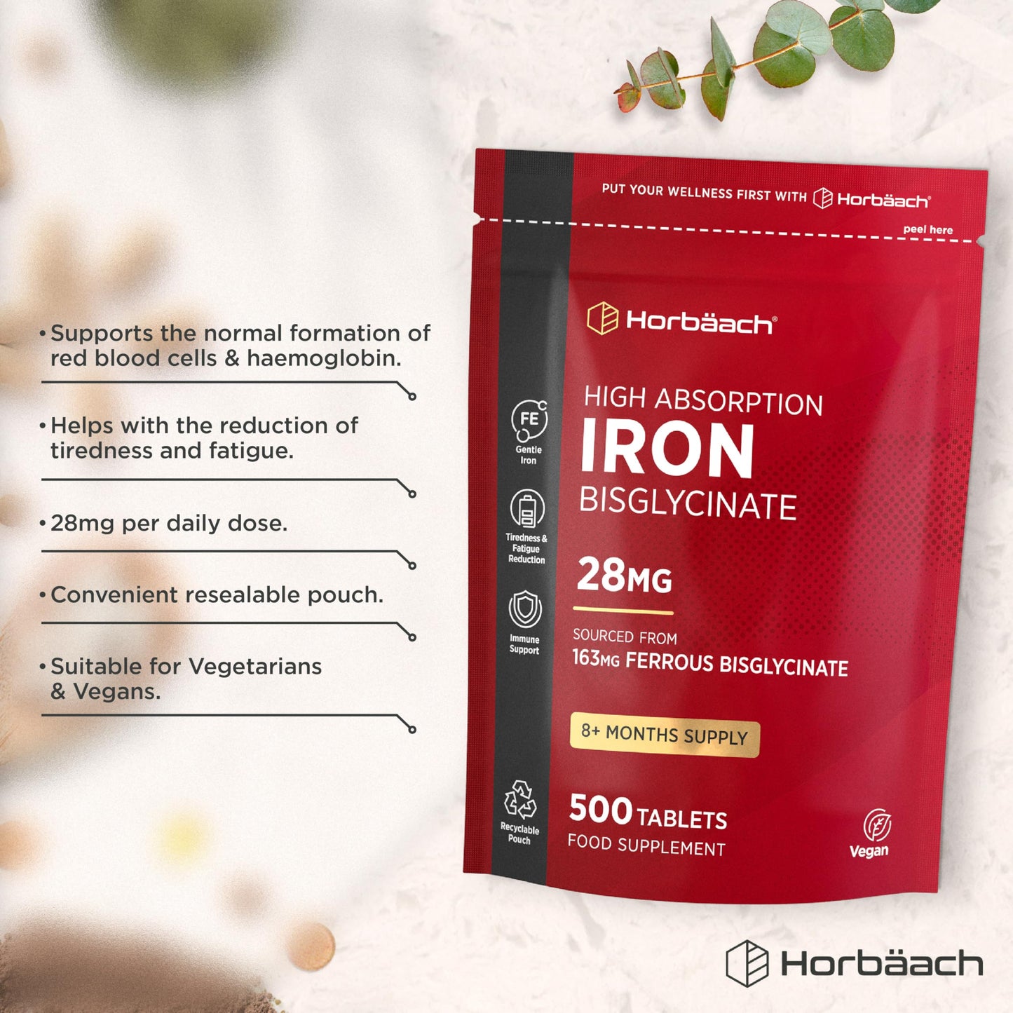 Horbäach Iron Tablets High Strength 28mg | 500 Tablets (8+ Months Supply) | Highly Bioavailable | Elemental Iron from 163mg Ferrous Bisglycinate | Vegan | Supplement for Men & Women | by Horbaach