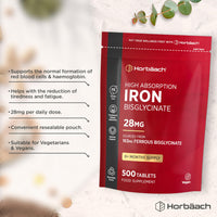 Horbäach Iron Tablets High Strength 28mg | 500 Tablets (8+ Months Supply) | Highly Bioavailable | Elemental Iron from 163mg Ferrous Bisglycinate | Vegan | Supplement for Men & Women | by Horbaach
