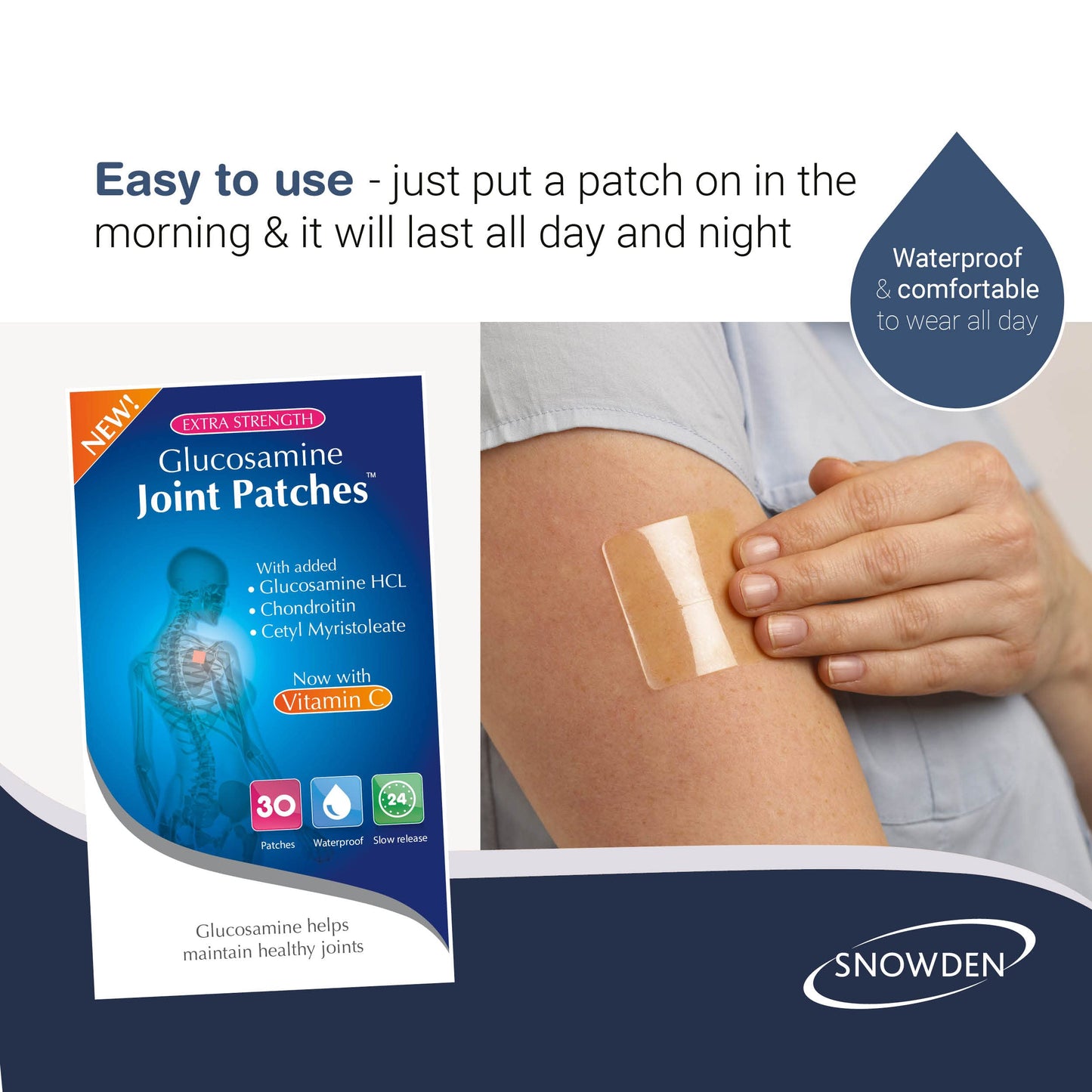 Snowden Glucosamine and Chondroitin High Strength Joint Patches with Vitamin C - Muscle and Joint Care Health Products, Natural Ingredients - Discreet and Waterproof, Slow Release - 30 Day Supply