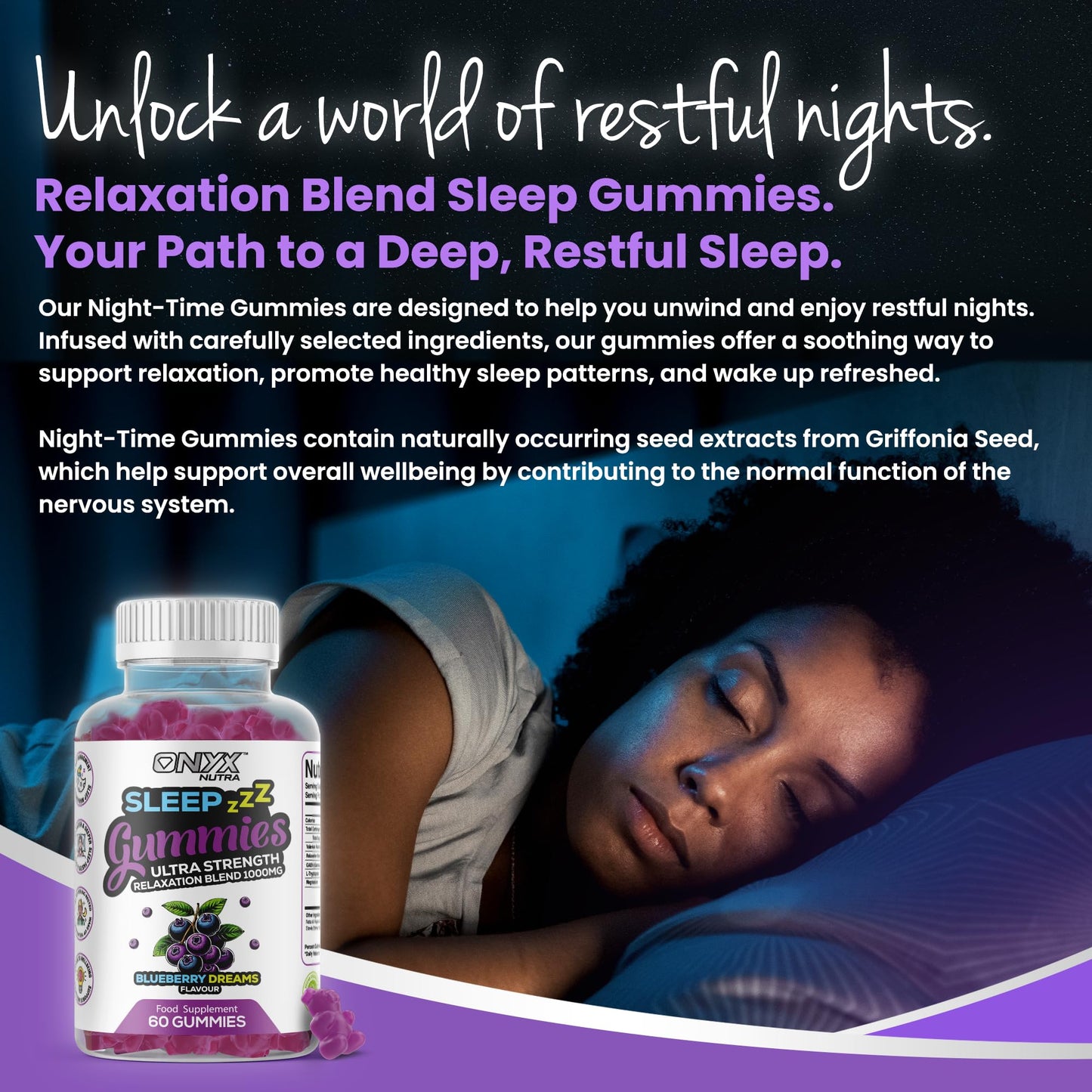 ONYX NUTRA Sleep Gummies with Magnesium | Blueberry Dreams Flavour | Night Bedtime Support | Vegan Chewable Gummys (1)