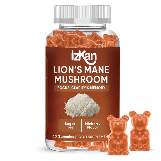 Izkan Mushroom Gummies 1000mg - Lion Mane Mushroom Gummies Supplement Promotes Focus, Memory, and Mood - 60 Count (Mixed Berry Flavor, Halal, Gluten-Free, Vegan) (1)