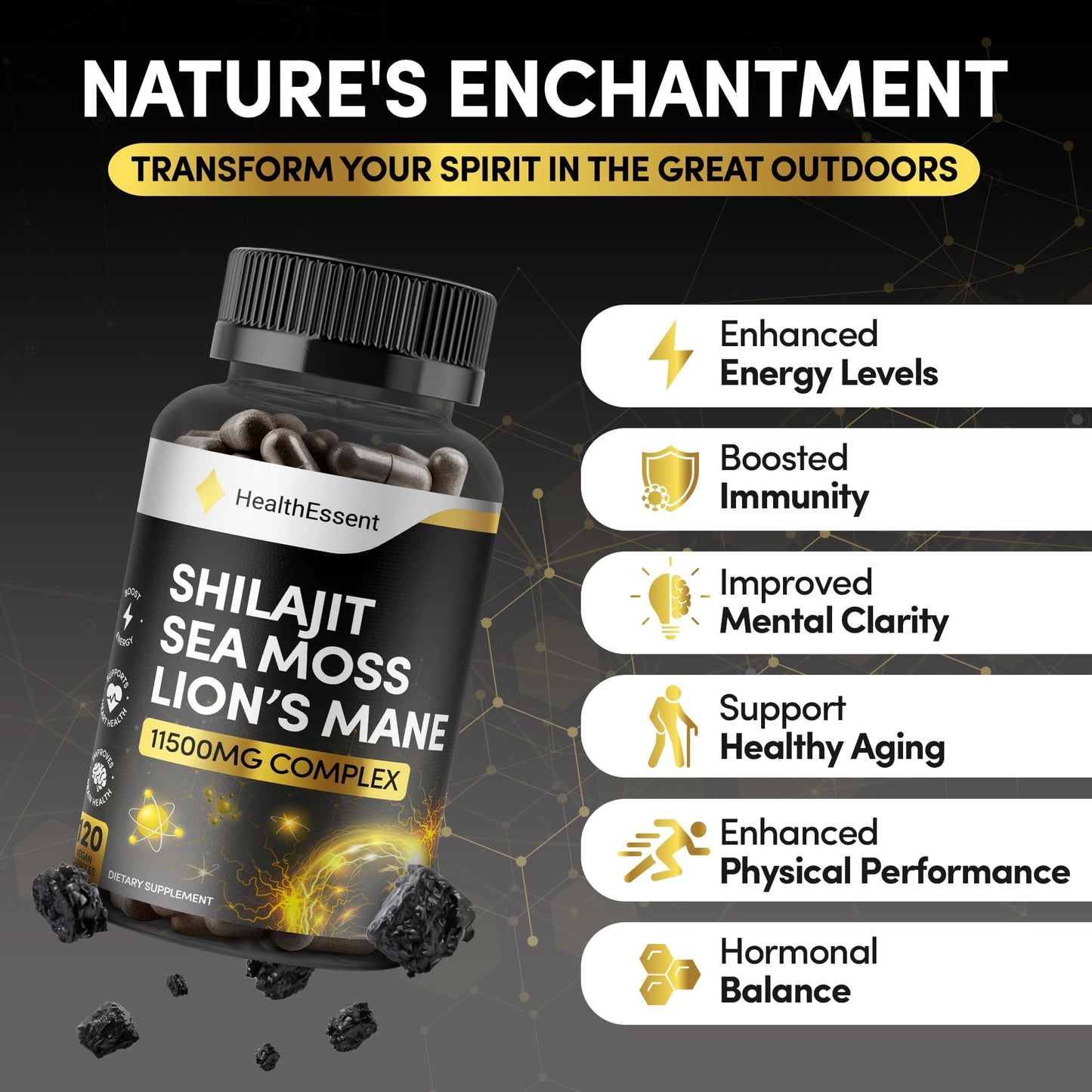 HealthEssent Shilajit Seamoss and Lions Mane Capsules, 11500mg 3-in-1 Brain & Focus Supplement with Ashwagandha & Black Pepper, High Strength Lions Mane Shilajit Blend for Energy & Immunity,120 Vegan Capsules