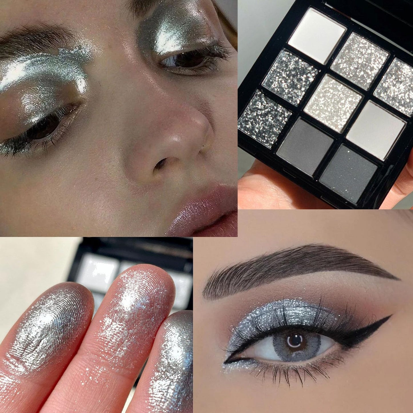 QUIWEN Black Eyeshadow Palette, Smokey Silver Glitter Eyeshadow Palette, Highly Pigmented White Grey Cold Toned Eye Shadows Pallets for Women, Long Lasting Waterproof Eye Shadows Make Up Palettes