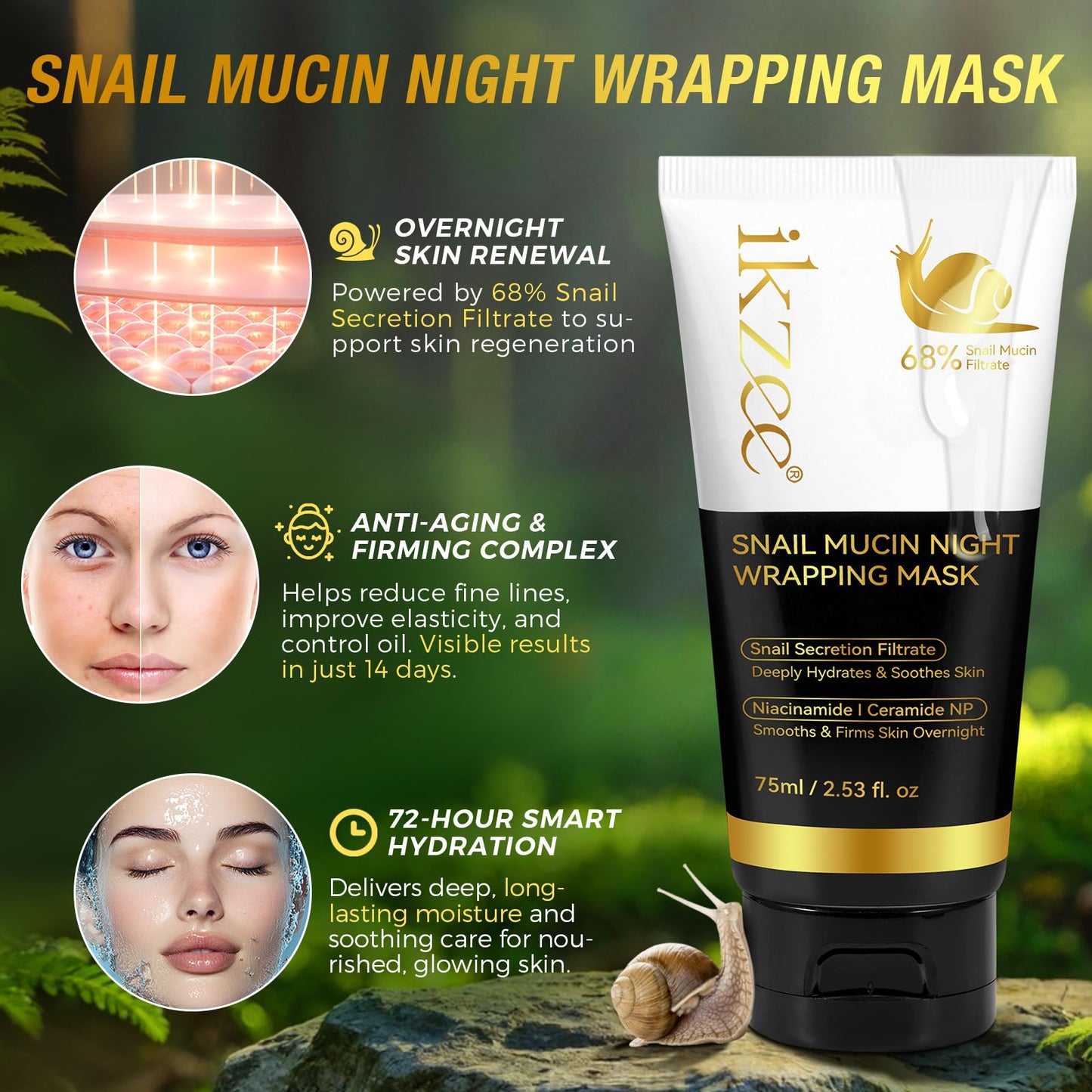 Onznoz Snail Mucin Sleeping Mask, Natural Snail Mucin Extract, Night Wrapping Mask, No-Wash Sleep Mask, Anti-Wrinkle, Deeply Hydrates, Soothes Skin, Smooths, Firms Skin Overnight 75ml