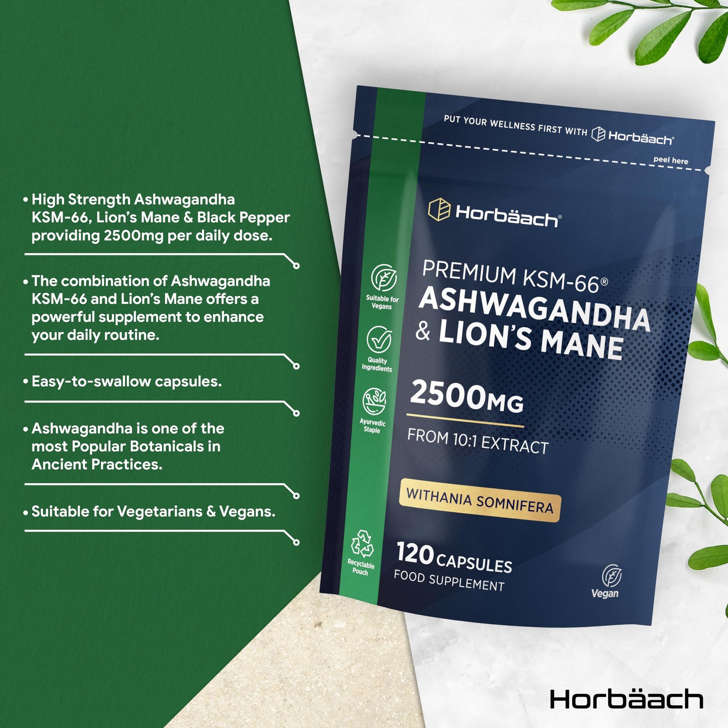 Horbäach Ashwagandha KSM-66 and Lion's Mane 2500mg Capsules | KSM-66 Ashwagandha Root Extract & Lion's Mane Mushroom Extract, Enhanced with Black Pepper | 120 Vegan Capsules | by Horbaach