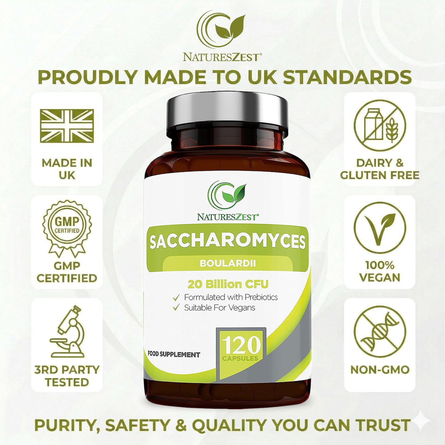Natures Zest Saccharomyces Boulardii 20 Billion CFU - 120 Capsules | High Strength Prebiotics and Probiotics for Women & Men | Digestion Supplement with Natural Postbiotic Benefits | Vegan | 4 Months Supply