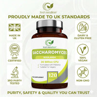 Natures Zest Saccharomyces Boulardii 20 Billion CFU - 120 Capsules | High Strength Prebiotics and Probiotics for Women & Men | Digestion Supplement with Natural Postbiotic Benefits | Vegan | 4 Months Supply